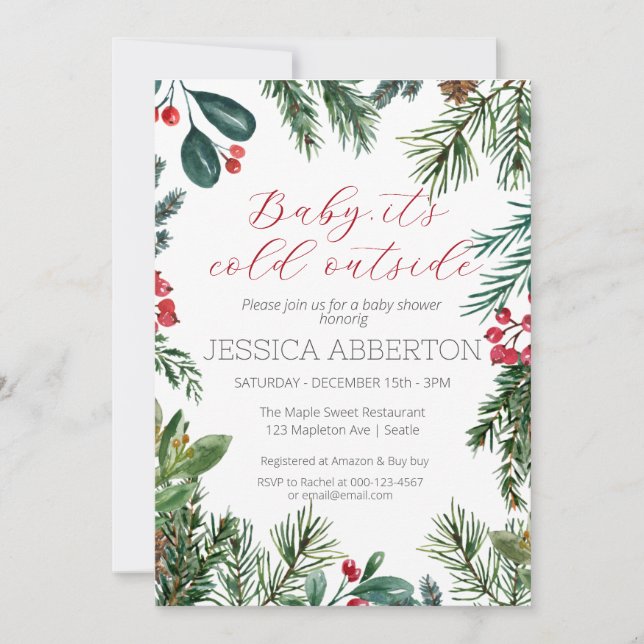 Invitación Ducha de bebé de navidades Winter Greenery (Anverso)
