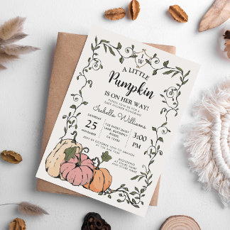 Invitación Ducha de bebé de niña calabaza rosa naranja vintag