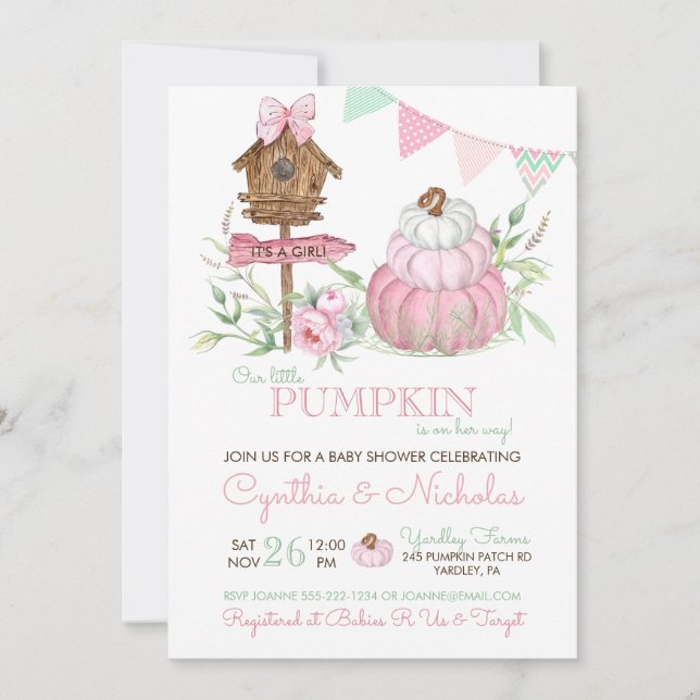 Invitación Ducha de bebé de niña con calabaza rosa (Anverso)