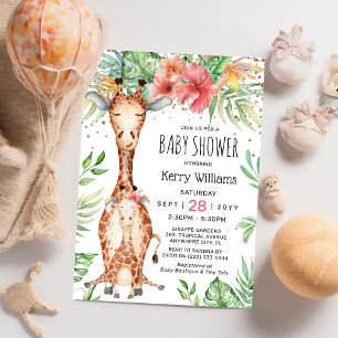 Invitación Ducha de bebé de niña con jirafa linda y vegetació