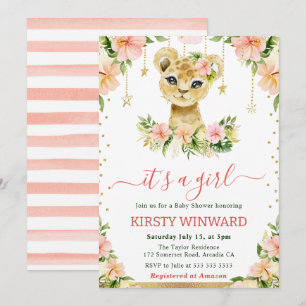 Invitación Ducha de bebé de niña con león cachorro floral acu