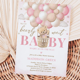 Invitación Ducha de Bebé de Niña Globo Aerostático Rosa Oso