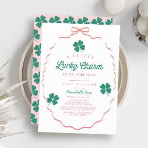 Invitación Ducha de bebé de niña Little Lucky Charm lazo rosa