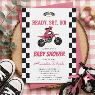 Invitación Ducha de Bebé de Niña Rosa a Cuadros con Moto de C