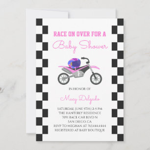 Invitación Ducha de Bebé de Niña Rosa con Moto de Cross