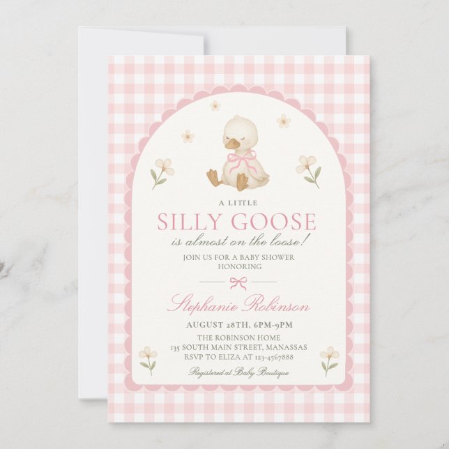 Invitación Ducha de bebé de niña Silly Goose con arco de ging (Anverso)