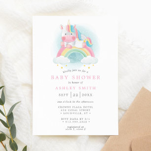 Invitación Ducha de Bebé de Niña Unicornio Acuarela Arcoíris 