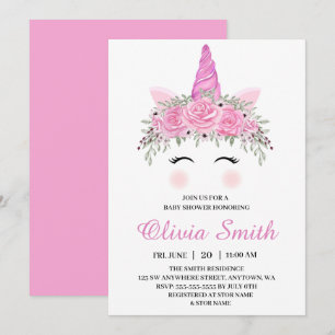 Invitación Ducha de Bebé de Niña Unicornio Adorable con Nombr