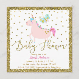 Invitación Ducha de Bebé de Niña Unicornio con Brillo Rosa y