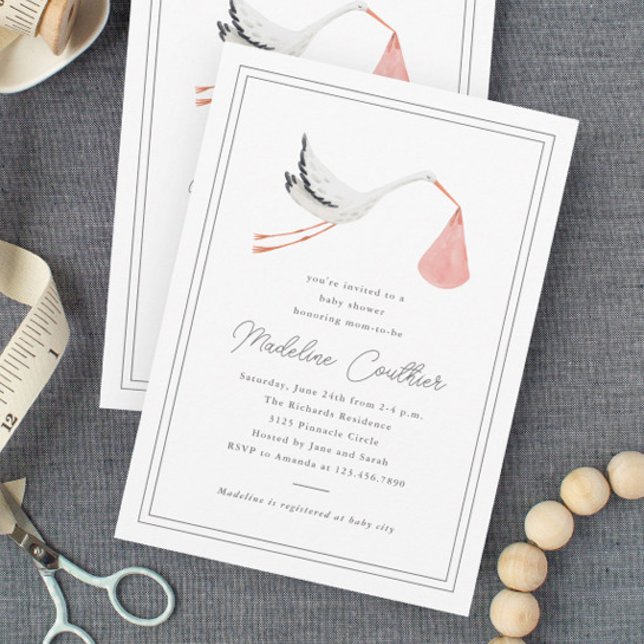 Invitación Ducha de bebé de niñas con cigüeña dibujada a mano (Elegant hand drawn stork girls baby shower invitations.)