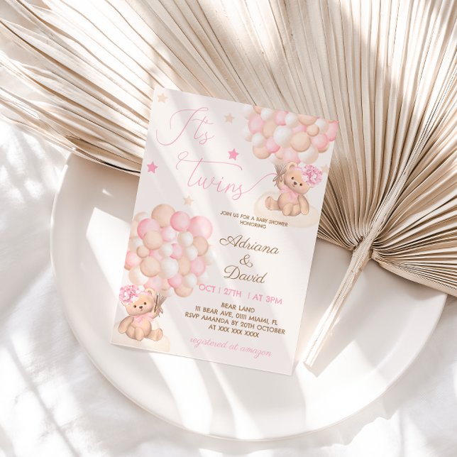 Invitación Ducha de bebé de niñas gemelas con osito de peluch (Subido por el creador)
