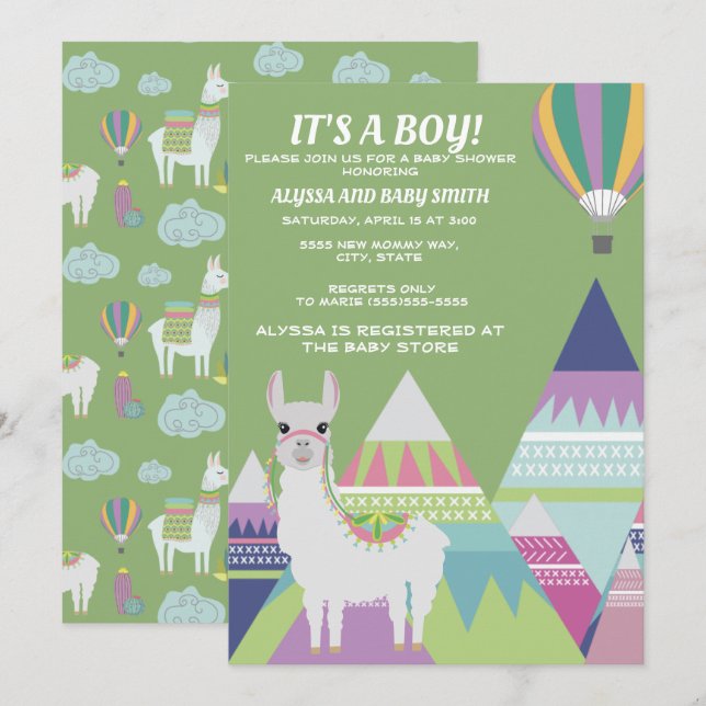 Invitación Ducha de bebé de niño Globo Alpaca Verde (Anverso / Reverso)