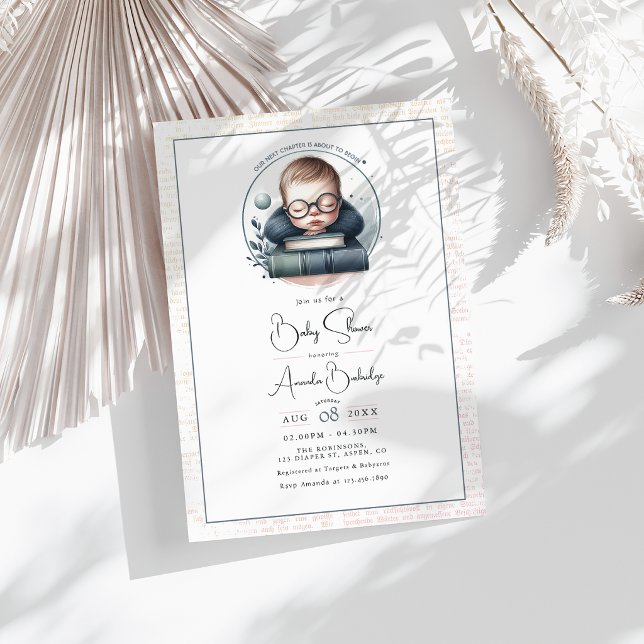 Invitación Ducha de Bebé de Nuestro Próximo Capítulo con Tema (Literary-Themed Book Our Next Chapter Baby Shower Invitation)