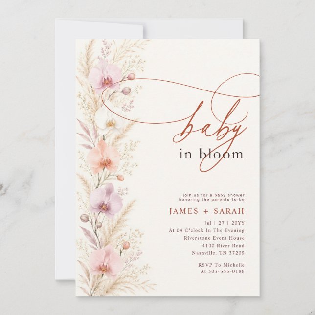 Invitación Ducha de bebé de orquídea silvestre floral boho (Anverso)