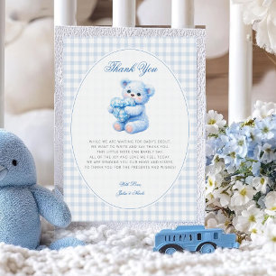 Invitación Ducha de bebé de osito de gingham azul de corazón