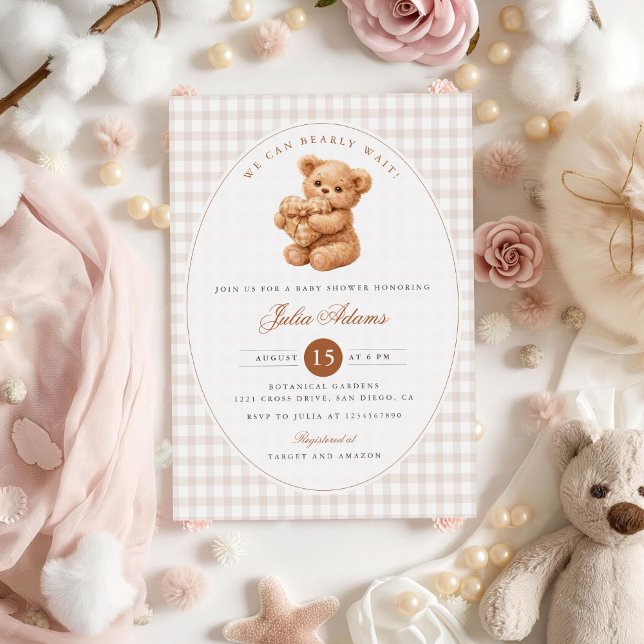 Invitación Ducha de bebé de osito de gingham marrón corazón p (Subido por el creador)