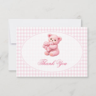 Invitación Ducha de bebé de osito de gingham rosa corazón peq
