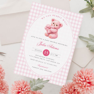 Invitación Ducha de bebé de osito de gingham rosa corazón peq