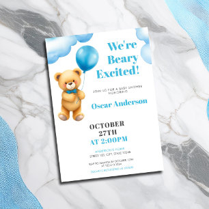 Invitación Ducha de bebé de osito de peluche con globo azul d
