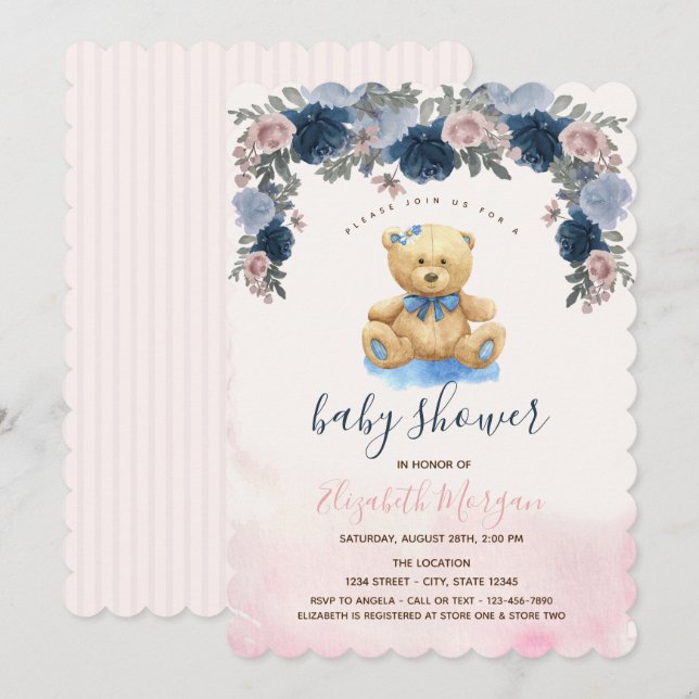 Invitación Ducha de bebé de osito de peluche de rayas rosadas (Anverso / Reverso)