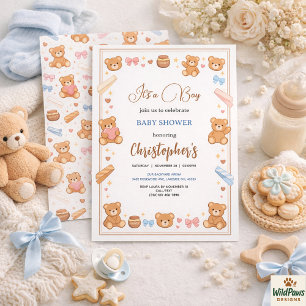 Invitación Ducha de Bebé de Osito de Peluche Niño Osito Azu