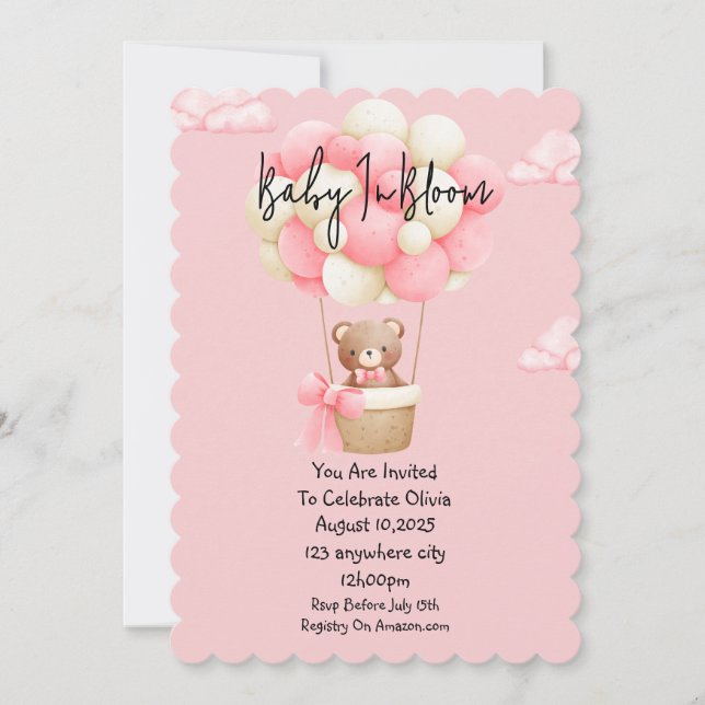 Invitación ducha de bebé de osito de peluche rosa (Anverso)
