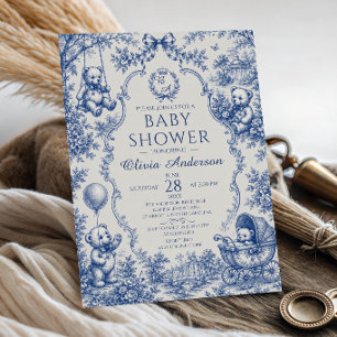 Invitación Ducha de bebé de osito de toile azul