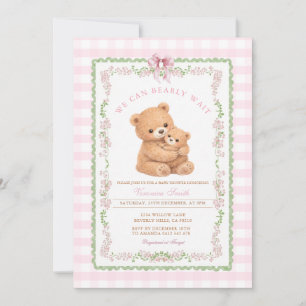 Invitación Ducha de bebé de osito rosa gingham