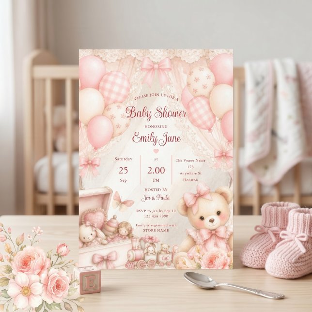 Invitación Ducha de bebé de osito Teddy Coquette Rosa (Subido por el creador)