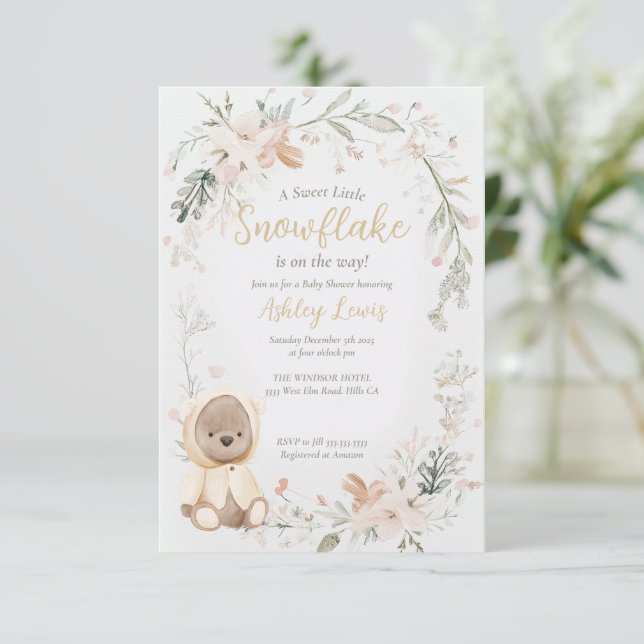 Invitación Ducha de bebé de oso de acuarela de invierno (Anverso de pie)