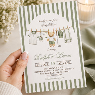Invitación Ducha de bebé de oso de golf en la cuerda de ropa