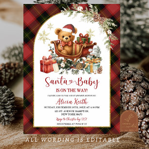 Invitación Ducha de bebé de oso de Navidad rojo tartán de San