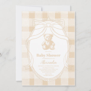 Invitación Ducha de Bebé de Oso de Peluche a Cuadros Neutrale