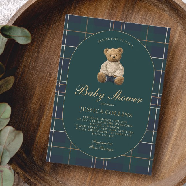 Invitación Ducha de Bebé de Oso de Peluche Azul Verde Neutro  (Gender Neutral Blue Green Teddy Bear Baby Shower Invitation)