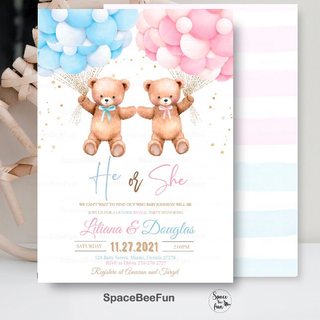 Invitación Ducha de bebé de oso de peluche Revelación de géne (Teddy Bear invitation,Baby Shower bear,He or She invites,Gender Reveal bear,Baby Shower invite,Invit)