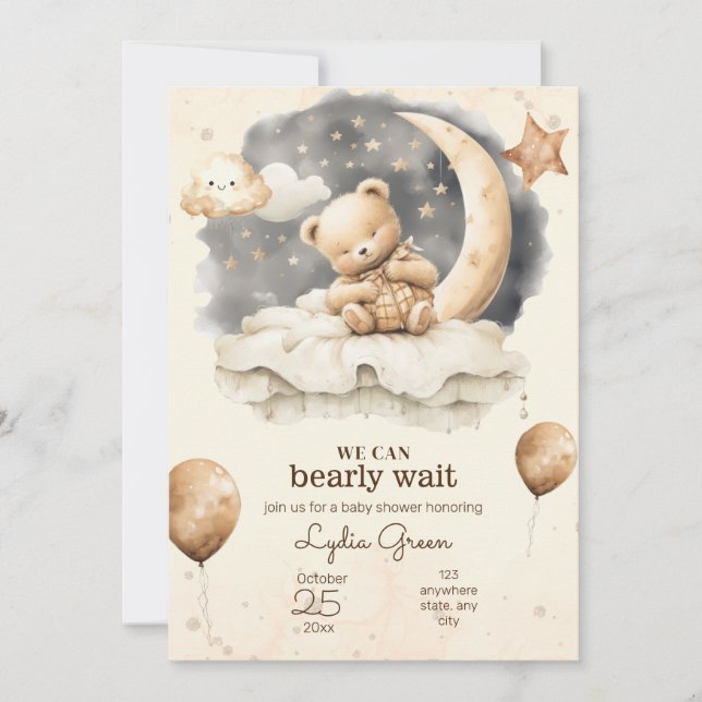 Invitación Ducha de bebé de oso de Teddy editable Neutro de g (Anverso)