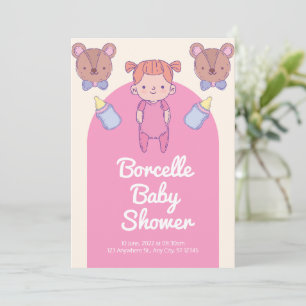Invitación Ducha de bebé de oso marrón y rosa