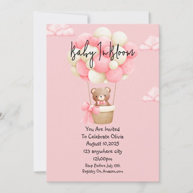 Invitación ducha de bebé de oso rosa (Anverso)