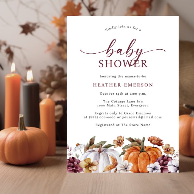 Invitación Ducha de Bebé de Otoño (Fall Burnt Orange Baby Shower Invitation Autumn White Pumpkins Watercolor Burgundy Florals)
