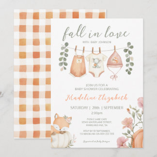 Invitación Ducha de bebé de otoño en la cuerda de ropa enamor