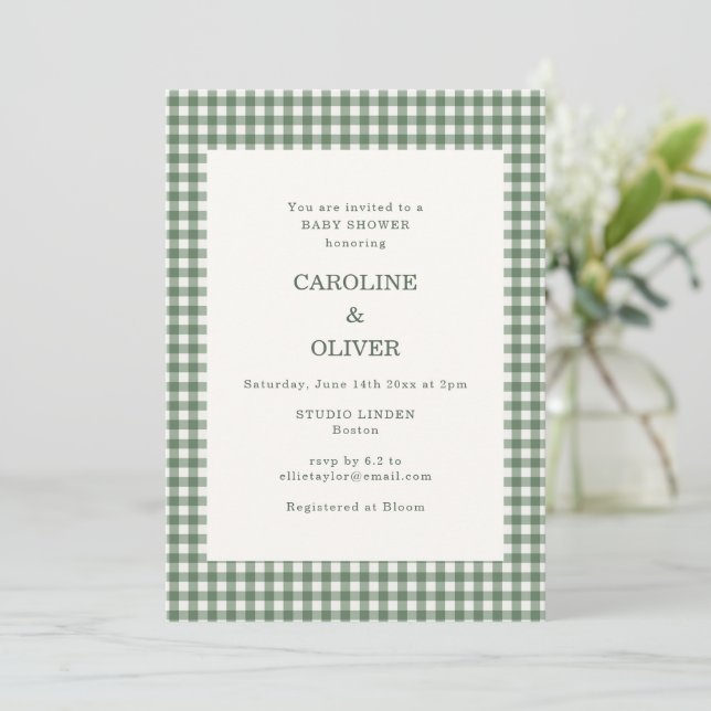 Invitación Ducha de bebé de parejas a cuadros gingham verde s (Anverso de pie)