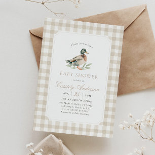 Invitación Ducha de bebé de pato de gingham neutral