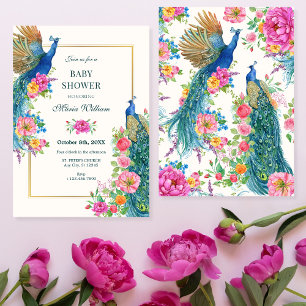 Invitación Ducha de bebé de pavo real de flor artificial
