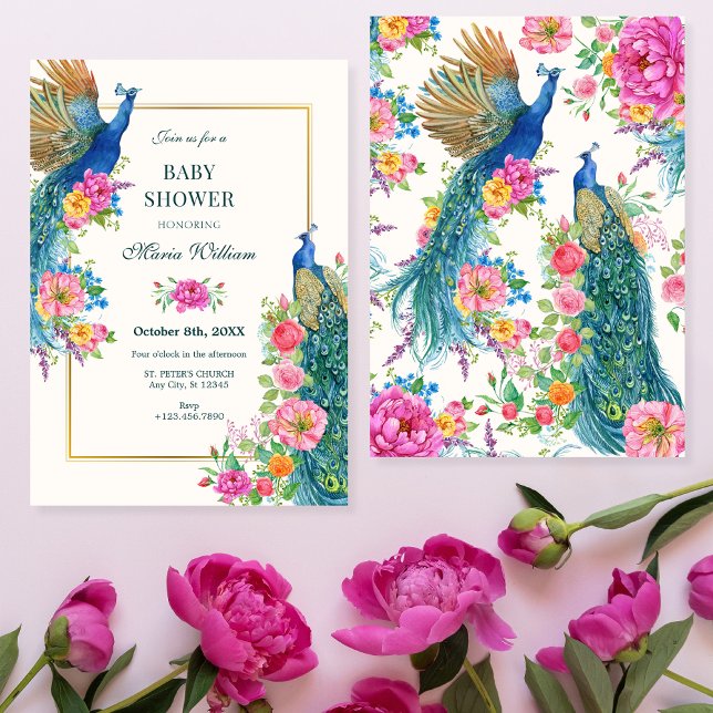 Invitación Ducha de bebé de pavo real de flor artificial (Subido por el creador)