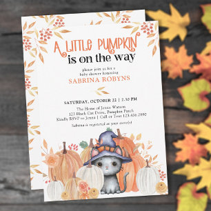 Invitación Ducha de bebé de pequeña calabaza gato negro en so