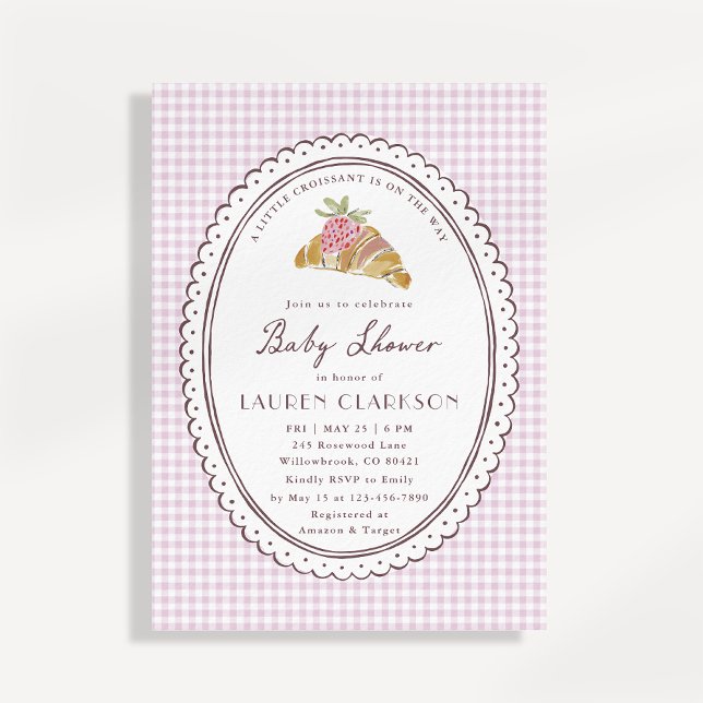 Invitación Ducha de bebé de pequeño croissant de gingham rosa (Subido por el creador)
