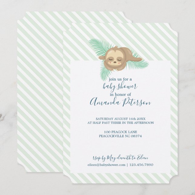 Invitación Ducha de bebé de perezoso bebé con franja verde y  (Anverso / Reverso)