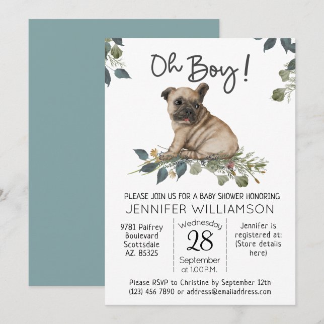 Invitación Ducha de bebé de perro ¡Oh chico! Pug Cachorro (Anverso / Reverso)