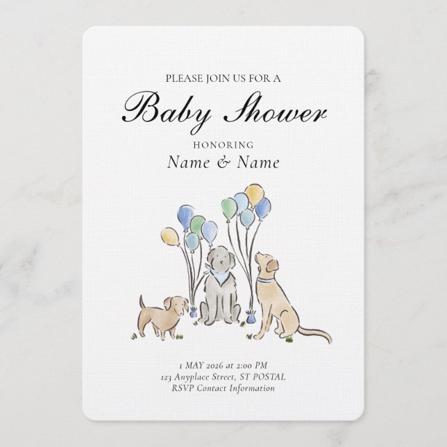 Invitación Ducha de bebé de perros cachorros lindos y globos (Anverso)