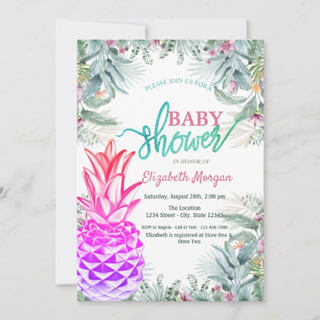 Invitación Ducha de bebé de piña genial con hojas tropicales (Anverso)